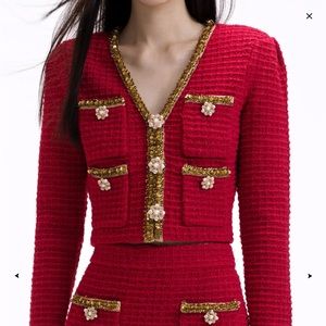 Red Knit Cardigan with Sparkly Gold